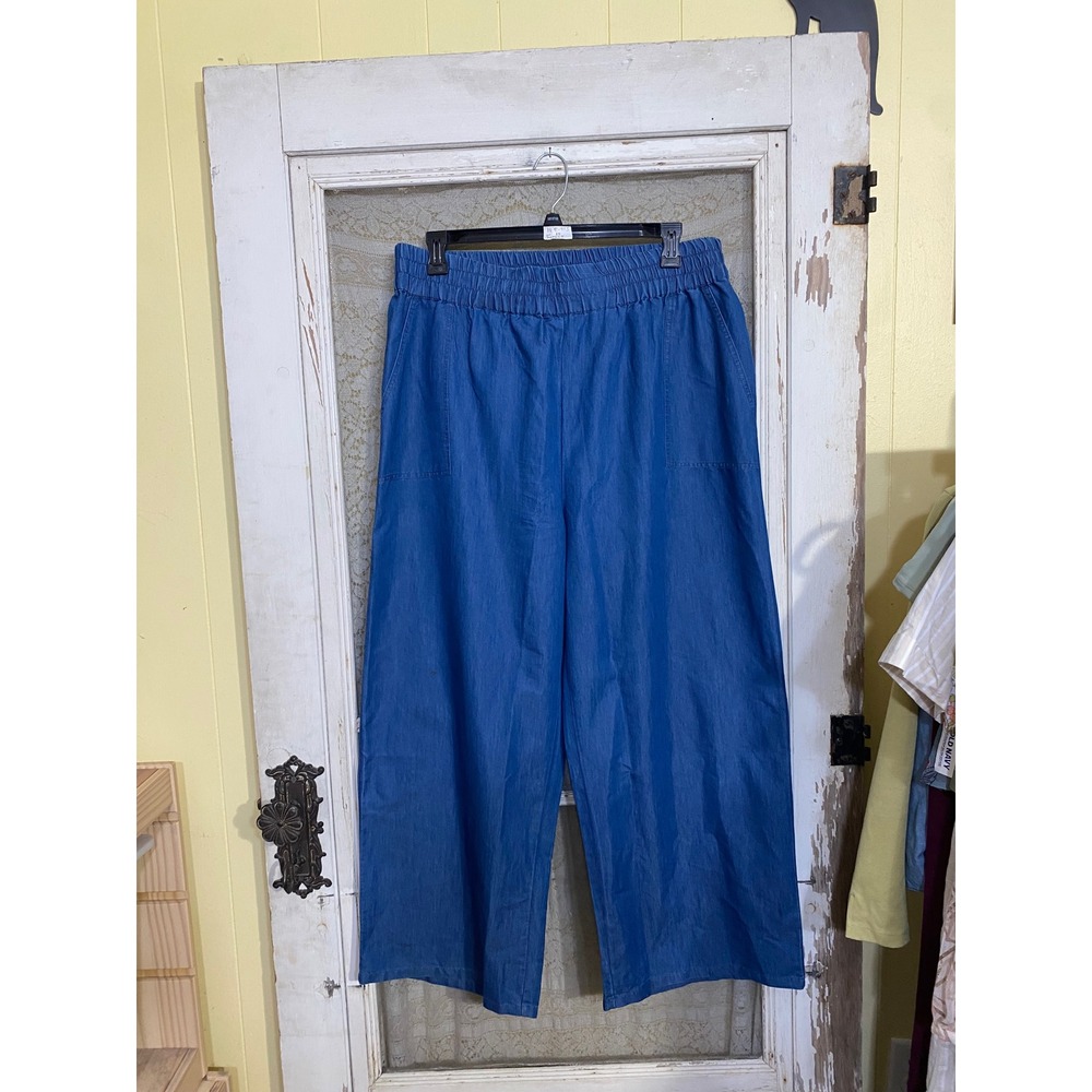 Easy Essentials Blue Chambray Wide Leg Elastic Waist Crop Pants 1X